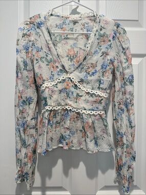 Lace-Trim Floral V-Neck Peplum Blouse - Cream with Pink & Blue Floral